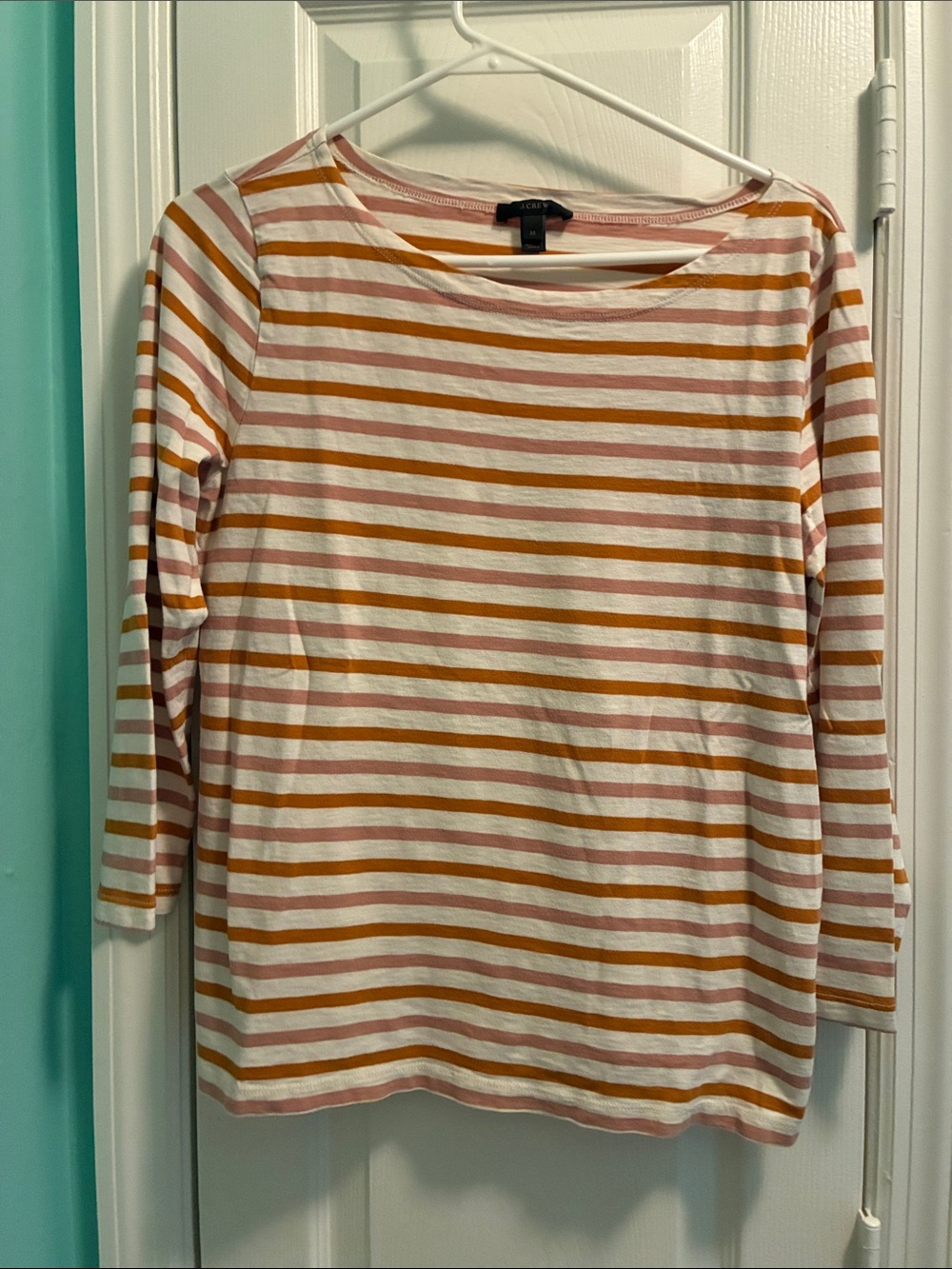 J. Crew White Long Sleeve Top with Pink & Mustard Stripes